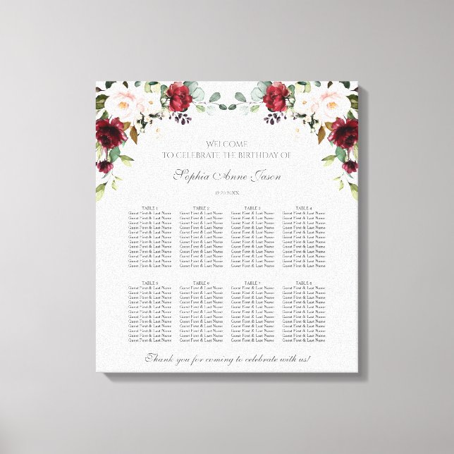 Burgundy Blush Floral Birthday Seating Chart Canvas Print (Front)