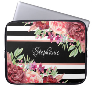Burgundy Blush Floral Black Stripes Personalized Laptop Sleeve