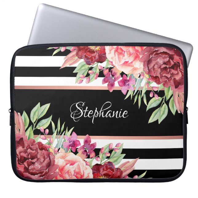 Burgundy Blush Floral Black Stripes Personalized Laptop Sleeve (Front)