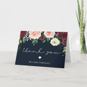 Burgundy Blush Floral Blue Mariage Carte de remerc
