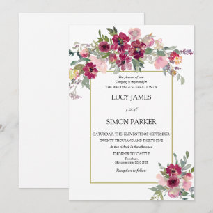 Burgundy Blush floral bouquet with gold frame Invitation