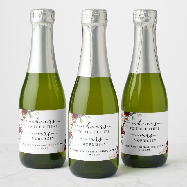 Burgundy Blush Floral Bridal Shower Favour Sparkling Wine Label (Bottles)