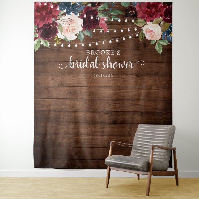 Burgundy Blush Floral Bridal shower Photo Backdrop Tapestry (In Situ)