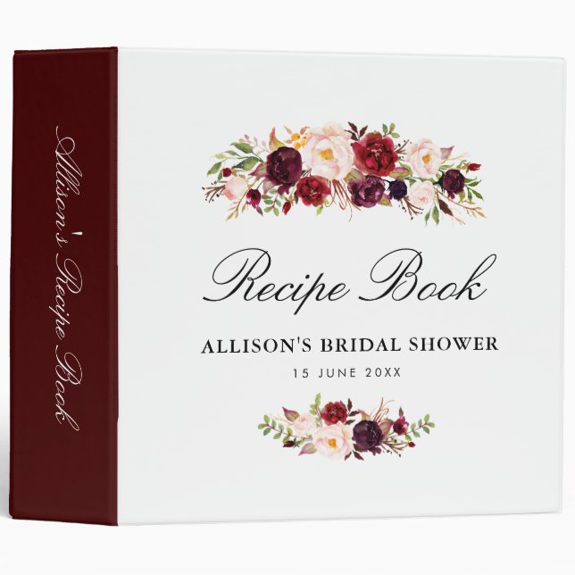 burgundy blush floral bridal shower recipe book binder (Front/Spine)