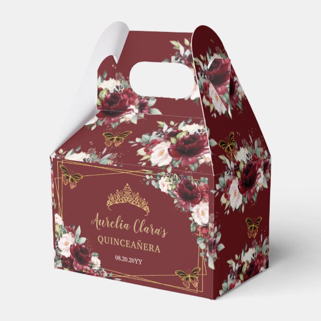 Burgundy Blush Floral Butterflies Quinceañera Favor Box (Front Side)