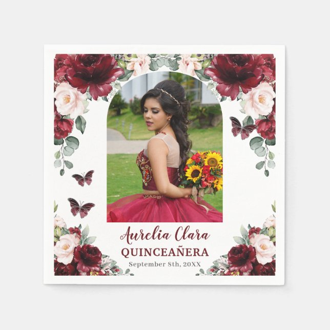 Burgundy Blush Floral Butterfly Quinceañera Photo  Napkin (Front)