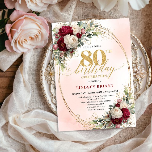 Burgundy Blush Floral Chic 80th Birthday Invite (Burgundy Blush Floral Chic 80th Birthday Invitation)