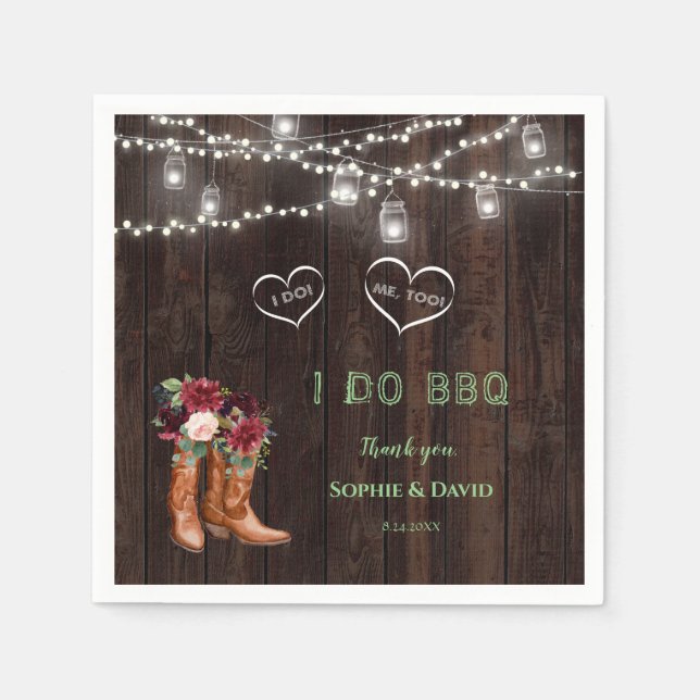 Burgundy Blush Floral Cowboy Boots After I DO BBQ Napkin (Front)
