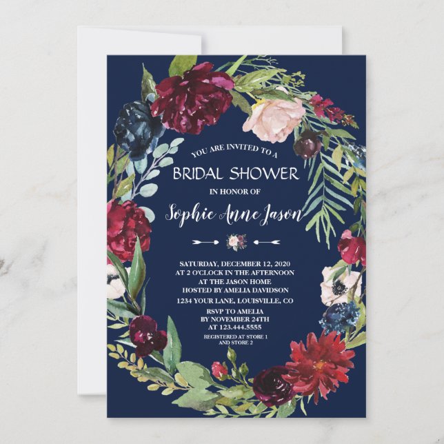Burgundy Blush Floral Dark Blue Bridal Shower Invitation (Front)