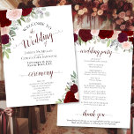 Burgundy Blush Floral Downloadable Wedding Program<br><div class="desc">These wedding programs are elegant and tasteful. The design features a bevy of hand painted watercolor roses in shades of burgundy red and blush pink, surrounded by eucalyptus leaves and garden foliage. The typography features lacy script calligraphy, and there is room for details on the ceremony, the bridal party, and...</div>