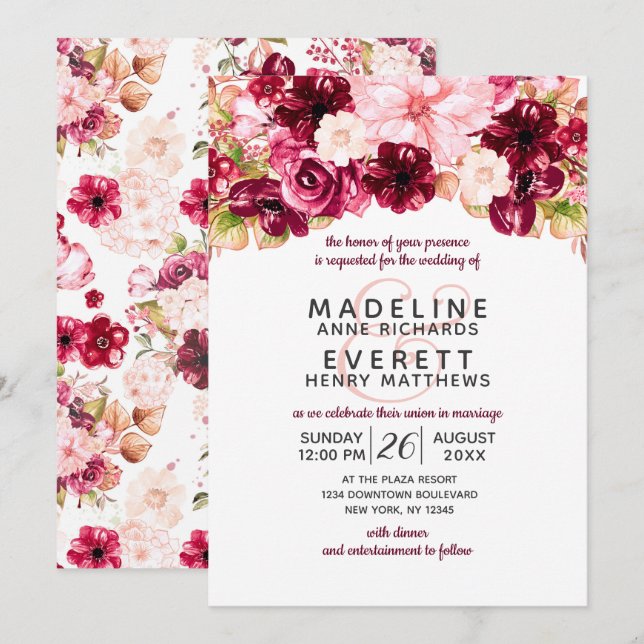 Burgundy & Blush Floral Drop Wedding Invitations (Front/Back)