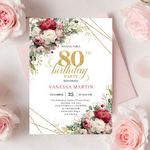 Burgundy blush floral elegant 80th birthday invite