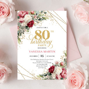 Burgundy blush floral elegant gold design 80th  invitation