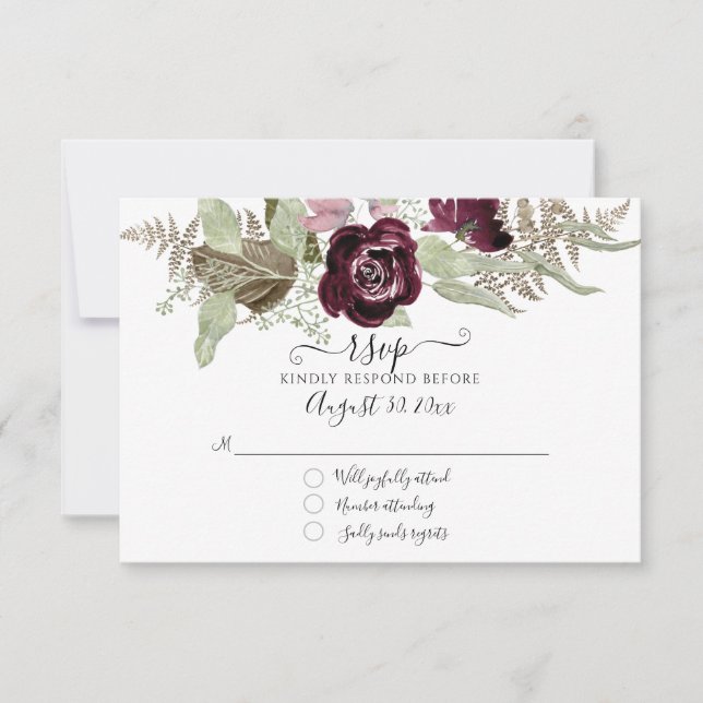 Burgundy Blush Floral Elégant Mariage  RSVP (Devant)