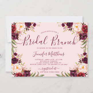 Burgundy Blush Floral Elegant Script Bridal Brunch Invitation