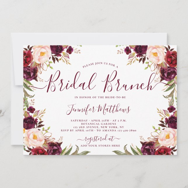 Burgundy Blush Floral Elegant Script Bridal Brunch Invitation (Front)