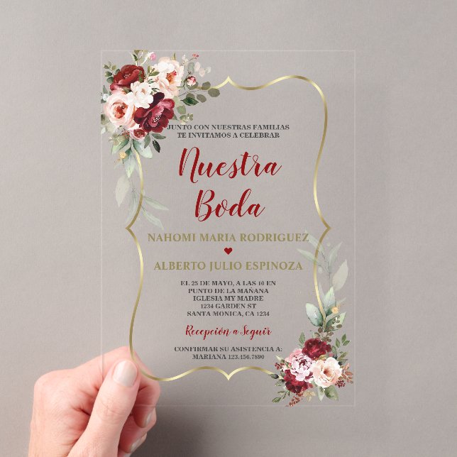 Burgundy Blush Floral Fall Spanish Nuestra Boda  Acrylic Invitations (Insitu (Handheld))