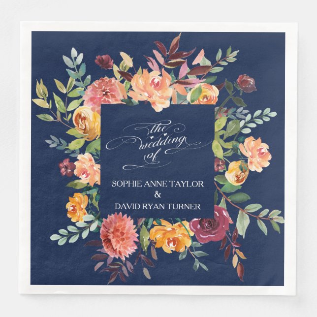 Burgundy Blush Floral Frame Dark Blue Wedding Napkin (Front)