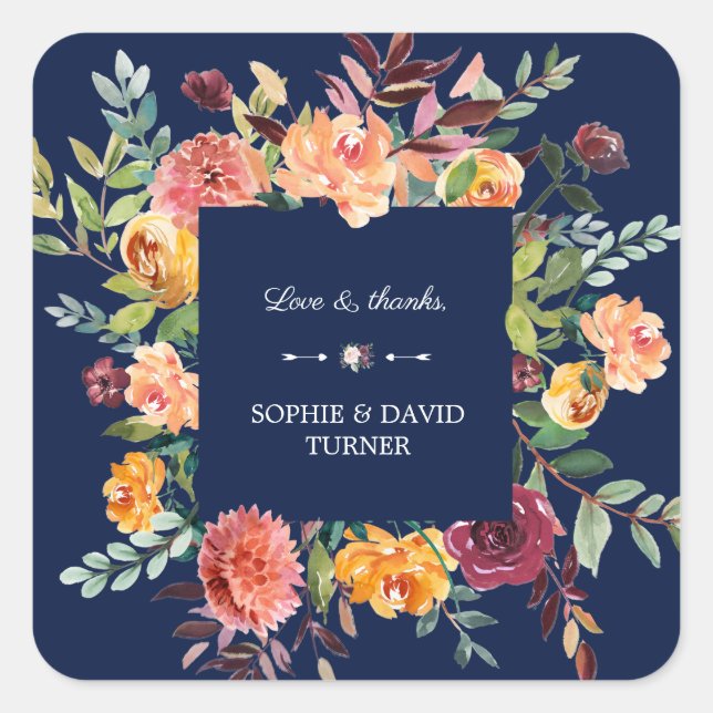 Burgundy Blush Floral Frame Dark Blue Wedding Square Sticker (Front)