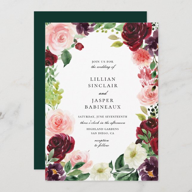 Burgundy Blush Floral Frame Wedding Invitation (Front/Back)