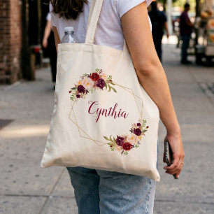 Burgundy Blush Floral Geometric Frame Bridesmaid Tote Bag