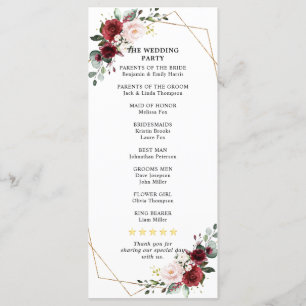 Burgundy Blush Floral Geometric Wedding Reception  Program