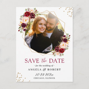 Burgundy Blush Floral Gold Geometric Save the Date Postcard