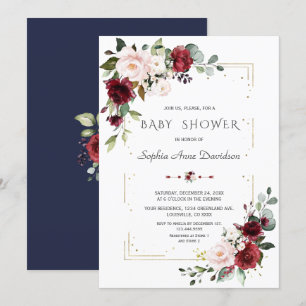 Burgundy Blush Floral Gold Glitter Baby Shower Invitation