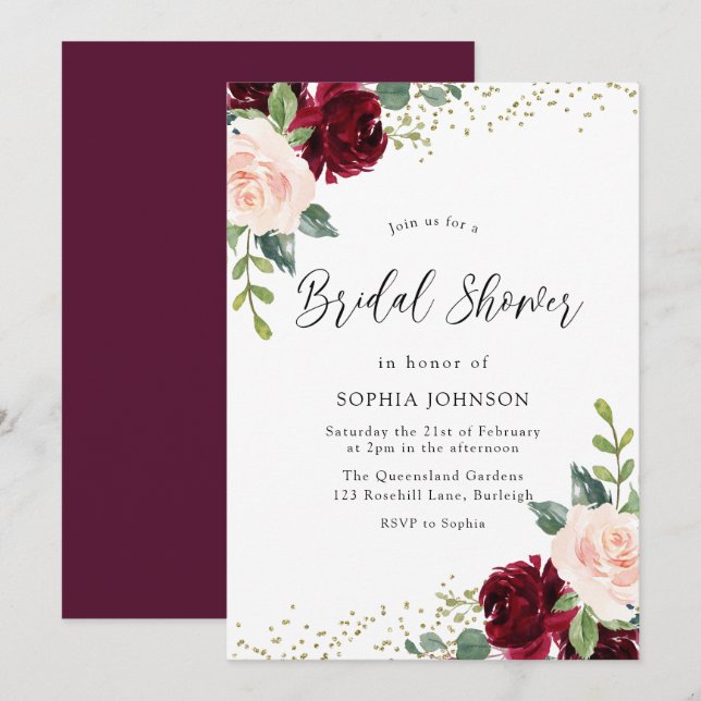 Burgundy Blush Floral Gold Glitter Bridal Shower Invitation (Front/Back)