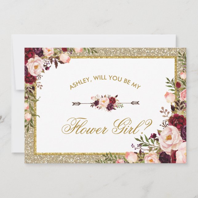 Burgundy Blush Floral Gold Glitter Flower Girl Invitation (Front)