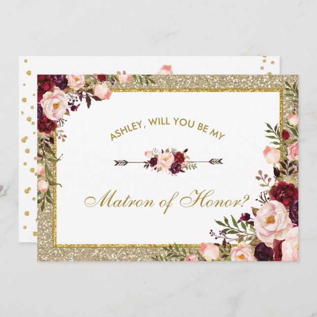 Burgundy Blush Floral Gold Glitter Matron of Invitation (Front/Back)