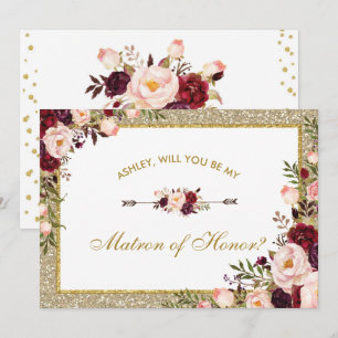 Burgundy Blush Floral Gold Glitter Matron of Invitation
