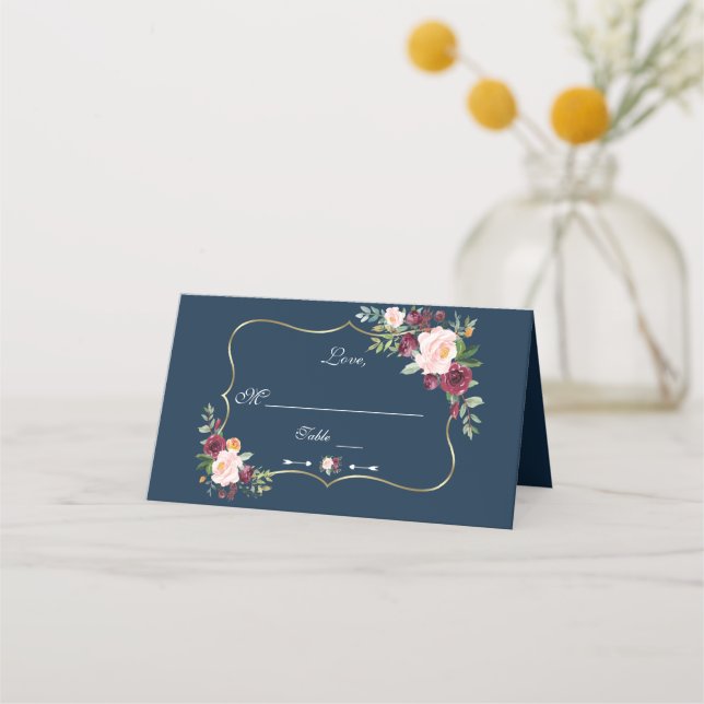 Burgundy Blush Floral Gold Navy Blue Table Number Place Card (Front)