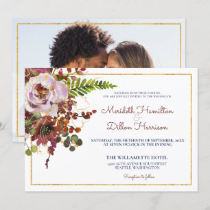 Burgundy Blush Floral Gold Photo Modern Wedding Invitation