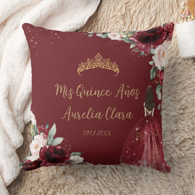 Burgundy Blush Floral Gold Quinceañera Keepsake Throw Pillow (Blanket)