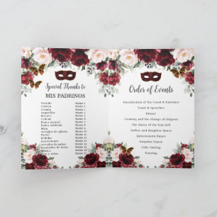 Burgundy Blush Floral Gold Quinceañera Masquerade  Program