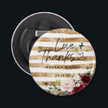 Burgundy Blush Floral Gold Stripes Love and Thanks Bottle Opener<br><div class="desc">Watercolor burgundy deep red and blush pink floral flower overlaying gold horizontal stripes bottle opener with love & thanks,  name and date. Perfect idea for wedding favours or gifts for guests for any occasion.</div>