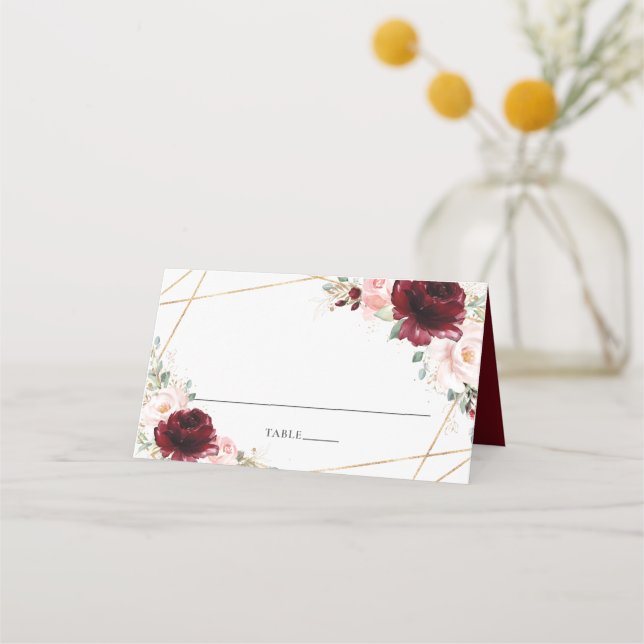 Burgundy Blush Floral Gold Wedding Guest Name   Place Card (Front)