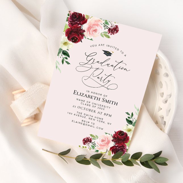 burgundy blush floral graduation party invitation (Creator Uploaded)