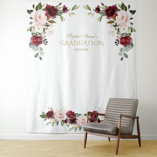 Burgundy Blush Floral Graduation Photo Prop Tapestry (In Situ)