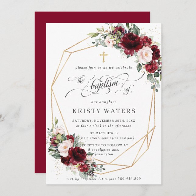 Burgundy Blush Floral Greenery Baptism Geometric Invitation (Front/Back)