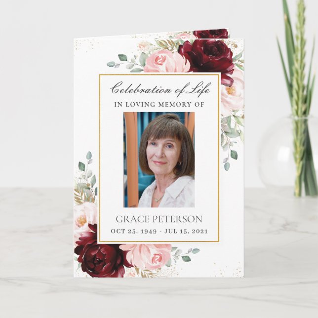 Burgundy Blush Floral Greenery Photo Funeral  Program (Front)