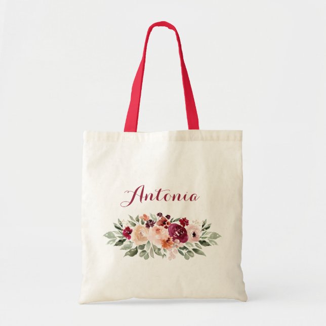 Burgundy Blush Floral Greenery Tote Bag (Front)