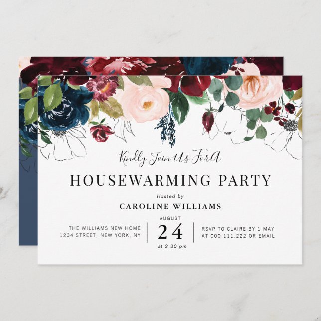 burgundy blush floral housewarming party invitation (Front/Back)