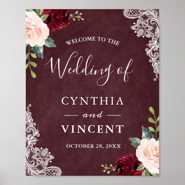 Burgundy Blush Floral Lace Mariage Affiche de bien (Devant)