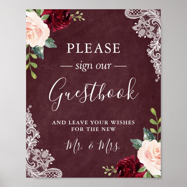 Burgundy Blush Floral Lace Wedding Guestbook Sign (Front)