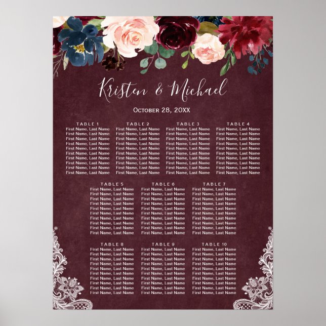Burgundy Blush Floral Lace Wedding Seating Chart (Front)