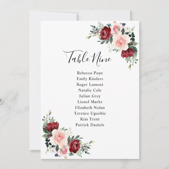 Burgundy Blush Floral Mariage Cartes de siège (Devant)
