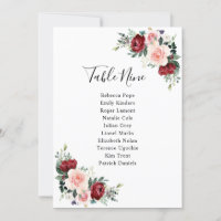 Burgundy Blush Floral Mariage Cartes de siège