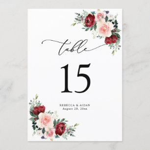 Burgundy Blush Floral Mariage Tableau Numéro Carte